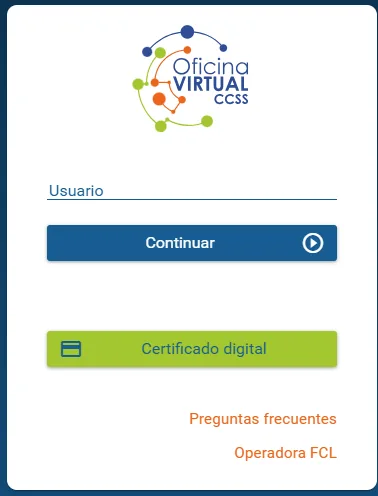 Oficina Virtual de la CCSS, pantalla de entrada